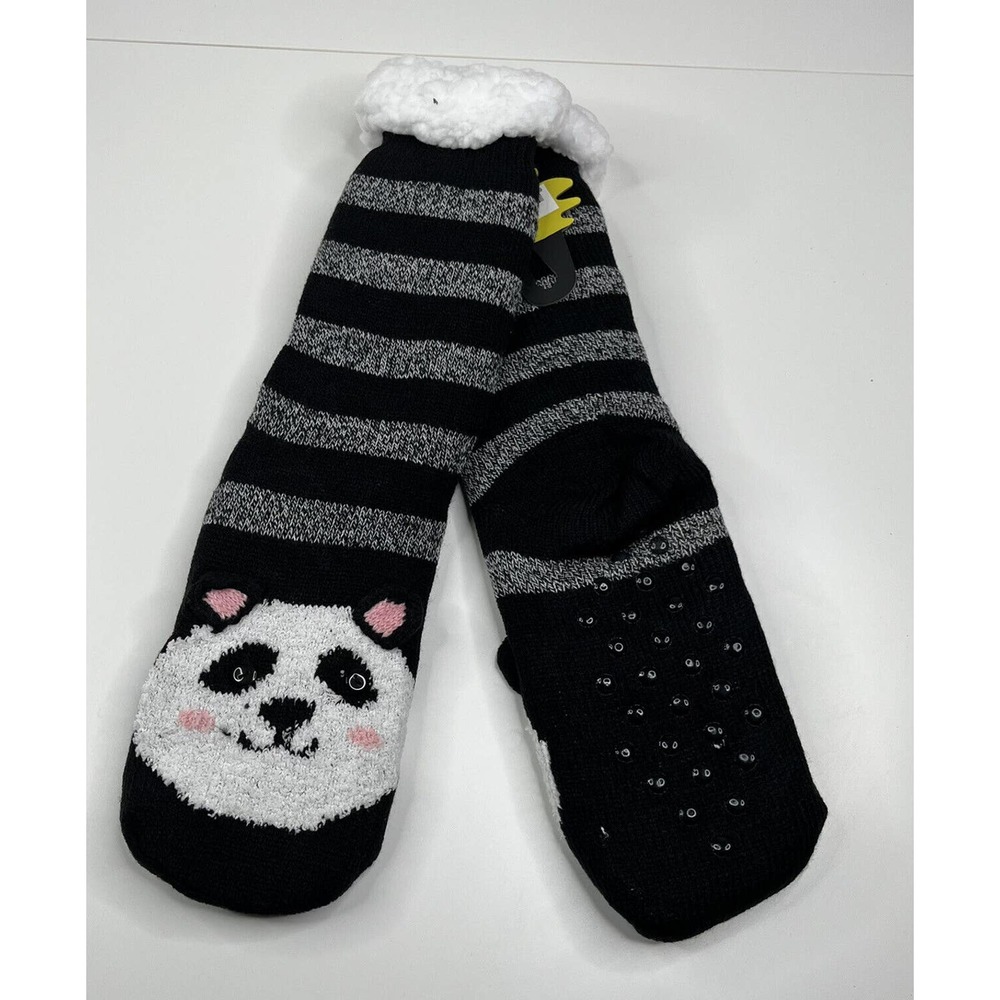 NWT Ooh Geez Panda Non-Skid Sole Fuzzy Cozy Socks One Size Black White